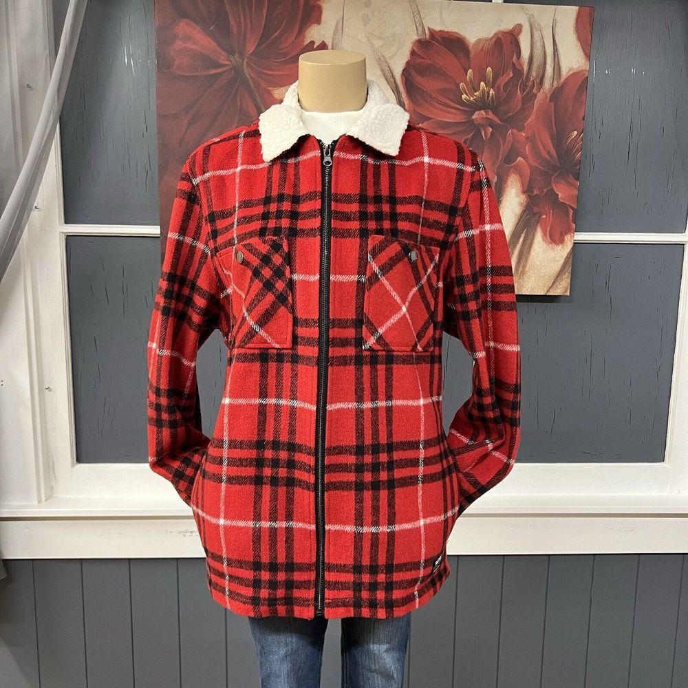 Wesc Liam Jacket Over Shirt Buffalo Plaid Red Flannel Sherpa Full Zip Unlined - Picture 2 of 10